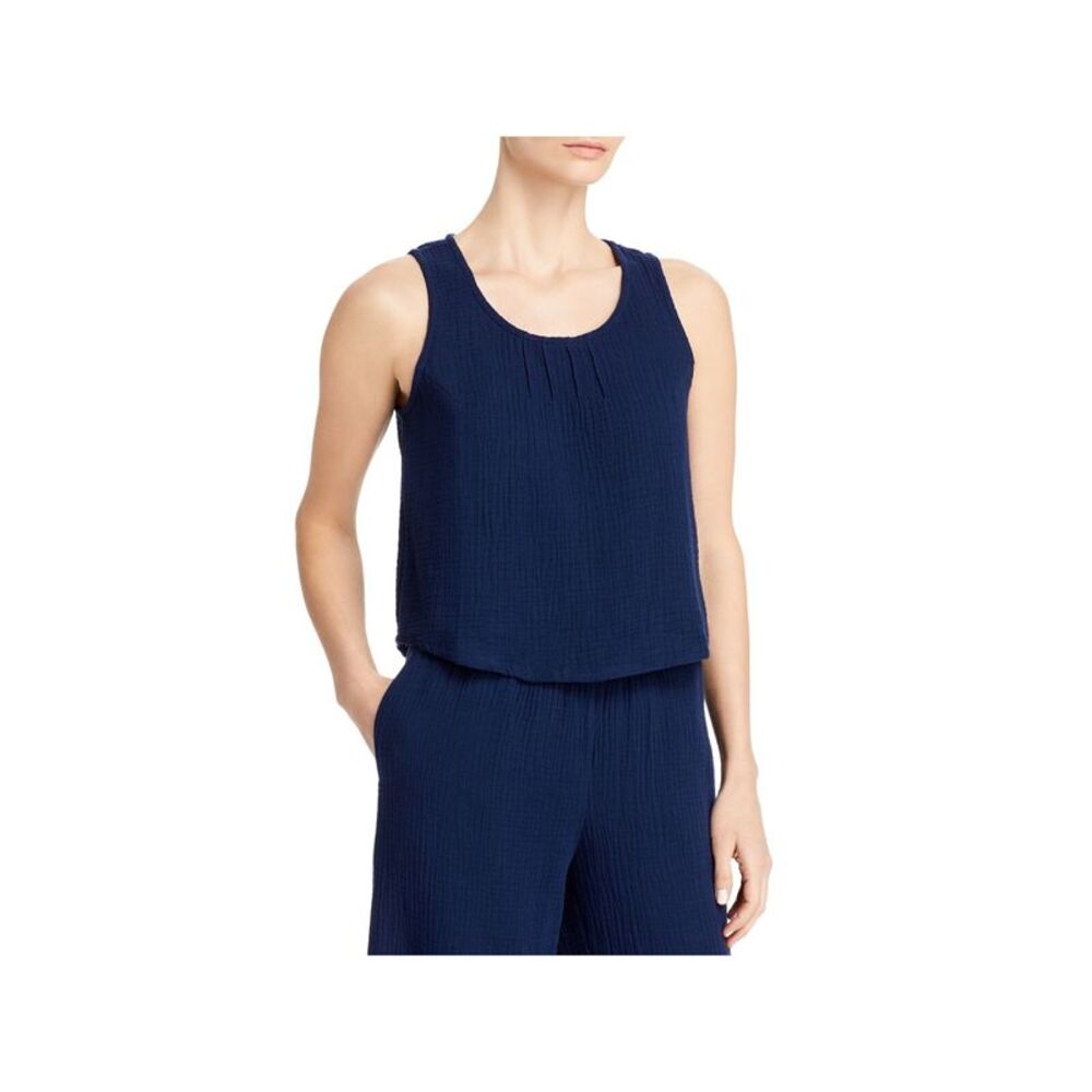 THREE DOTS Womens Top Tank Sleeveless Scoop Neck Double Gauze Pintuck Front